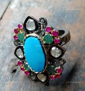 Ruby & Turquoise Gemstone Rings, 925 Sterling Silver Polki Diamond Emerald Rings - Picture 1 of 7