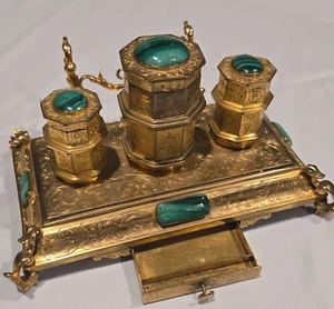 Appears 19th cent. bronze inkwell desk stand set w/ malachite finish cobouchons - Picture 1 of 6