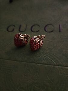 Gucci Red Strawberry Crystal Antique Gold Earrings No Box or Dustcover Used