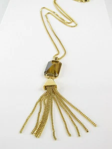 $68 Vince Camuto Gold-Tone Tigers Eye Stone and Tassel Y Drop Necklace NEW - Picture 1 of 9