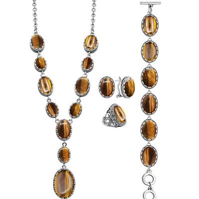 Conjunto de joyería vintage de piedra natural ojo de tigre collar anillo pulsera pendiente pasador Foto 1 de 4