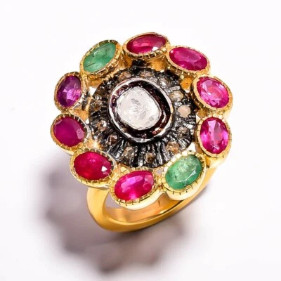 Pflastern Diamant Rubin & Smaragd Edelstein 925 Sterlingsilber Ring Verlobung - Bild 1 von 4