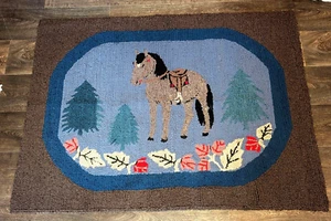 Antique Primitive Folk Art Hooked Rug Horse 53.5 in by 39.5 in - Picture 1 of 13