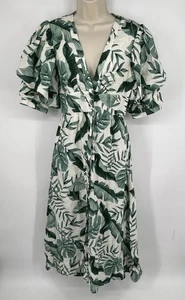 Johanna Ortiz x H&M Linen Blend Midi in Green Palm Leaf Dress Size XS Boho - Picture 1 of 5