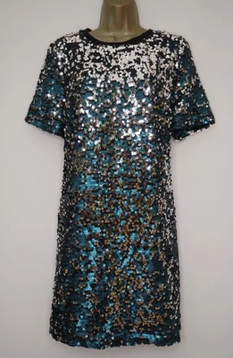 NEXT BLACK TEAL SILVER SEQUIN SHIFT DRESS SIZE 14 PARTY SEQUINNED - Image 1 of 3