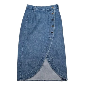 Vtg 80s American Profile Dungarees Denim Button Up Asymmetrical Pencil Skirt 26 - Picture 1 of 6