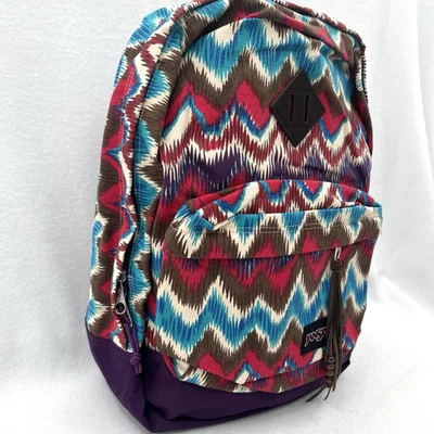 Jansport Super FX Series Backpack Beige Ikat Chevron Purple Outer Pocket Pre-Own - Image 1 of 4