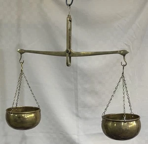 Solid Brass Hanging Balance Beam Scale w/ Two Pans Vintage Un-marked - Picture 1 of 6