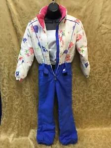 Obermeyer Ski Suit floral blue Snowsuit Juniors 12 full zip hood belt small lady - Picture 1 of 14