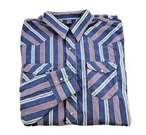 Camicia uomo vintage WRANGLER rossa bianca blu a righe snap up 19-36 XL coda lunga - Foto 1 di 5