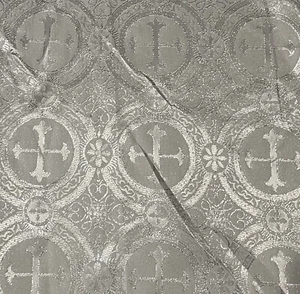 Silver White Metallic Church Cross Brocade Fabric 60” Width Sold By The Yard - Picture 1 of 3
