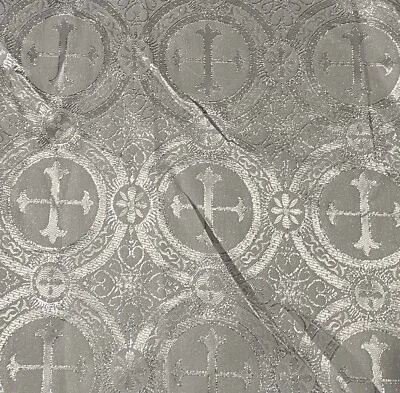Silver White Metallic Church Cross Brocade Fabric 60” Width Sold By The Yard - Image 1 of 3