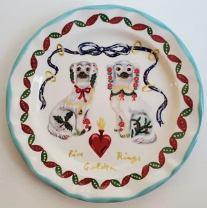 12 Days of Christmas Dessert Plate Nathalie Lete Five Golden Rings Dogs NEW - Picture 1 of 3