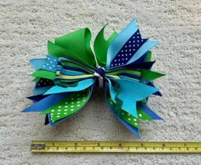 HANDMADE GIRLS HAIR BOW with Barrette Clip - 6" - Blue/Green/Yellow/White - Image 1 of 3
