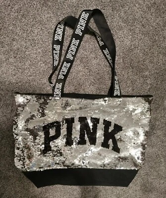 Victoria's Secret Pink Black Silver Embellished Bedazzled Large Tote Bag Sequin - Image 1 of 4