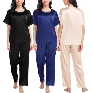 Women Satin Pajama Sleepwear 2PC Sets Nightwear Short Sleeve Top Bottom Trousers - Picture 1 of 16