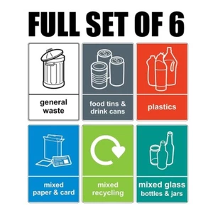 Mixed Set of Recycling Bin Sign Sticker Labels Plaques - Full set of 6 peel easy - Picture 1 of 1