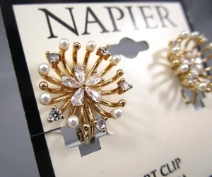 NWT NAPIER 3/4" Gold Tone Cubic Zirconia Faux Pearl Flower Clip on Earrings 85i - Picture 1 of 5