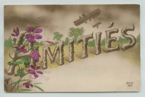 Postcard, Amities' Greetings, old plane, flowers - Picture 1 of 2