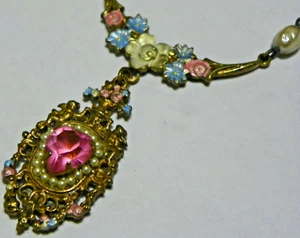 Vintage Michal Negrin Stil Emaille Blumen Krappe Herz Reis Perle Dekor Halskette - Bild 1 von 8