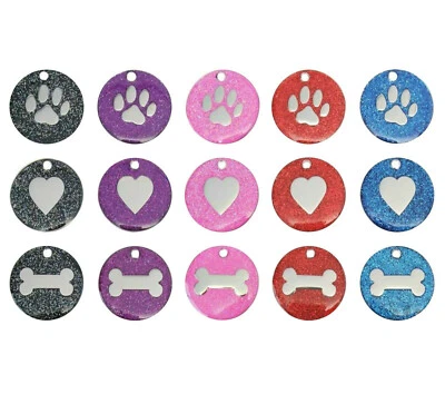 Dog Cat Pet Tag Engraved Reflective Collar ID Tags 25mm Glitter Various Designs  - Image 1 of 4