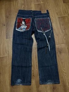 Vintage Kanji Jeans Japanese Style Geisha Katana Y2K Flared Crazy Gr. W38 L34 - Bild 1 von 8