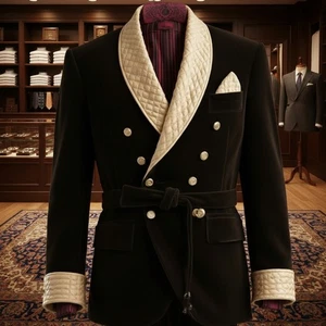 Herren Smoking Sakko Schwarz Stepp Samt Mantel Slim Fit Elegant Party Blazer - Bild 1 von 4