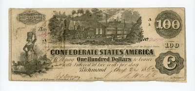 1862 T-39 $100 Confederate States of America Note - Capt. N.B. Brown AQM Issued! - Image 1 of 3