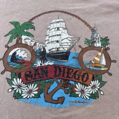 Vintage 1980 Single Stitch San Diego Graphic Tee Beach T Shirt Brown Size L - Image 1 of 4