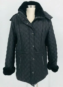 Andrew Marc New York Coat Hood Quilted Faux Fur Black Womens Large - Picture 1 of 12