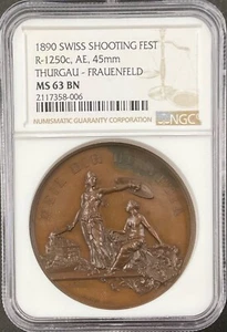 1890 SWISS SHOOTING FEST - Thurgau Bronze Medal. NGC MS63 BN, R-1250c, AE, 45mm - Picture 1 of 4