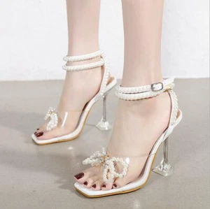 Ladies Wine Cup High Heels Pearl Buckle Shoes Rhinestone Square Toe Sandals - Picture 1 of 10
