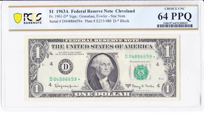 $1 1963A ⭐Star⭐ Note -  Fr. 1901-D*  -  D04886659*  -  PCGS 64 PPQ - Image 1 of 2