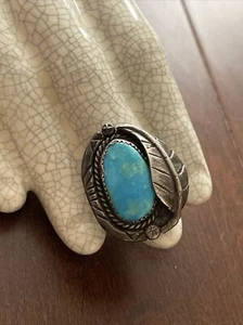 BIG Vintage Navajo Sterling Silver Turquoise SZ 5 Ornate OLD Leaf Pawn Ring - Picture 1 of 6