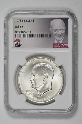 1972 S $1 Silver Eisenhower Dollar NGC MS 67 with Exclusive Label and New Holder - Image 1 of 2