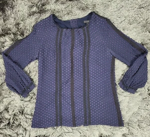 J. Crew Seide Bluse Top Damen 0 Lila Schwarz Schweizer Punkte Spitzenbesatz Langarm - Bild 1 von 8