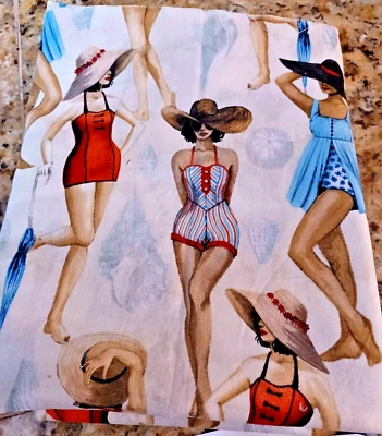 Vintage Retro Colorful Adorable Unique Swimsuits Sun Hats Cotton Fabric Textile - Image 1 of 4