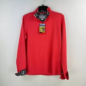 Orvis Sweater Pullover Womens M SALMON Pink Quarter Zip Floral Flip Cuff NWT - Picture 1 of 11