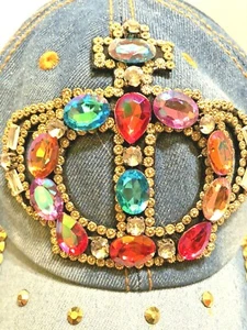 Women's Lucky 7 Jeweled Cap/Hat USA Washed Denim Size Large Crown - Picture 1 of 12