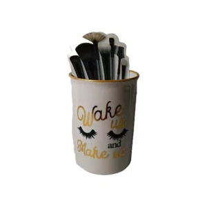 CERAMIC MAKEUP BRUSH HOLDER STORAGE COSMETICS CUP "Wake Up and Make Up"- NEW - Picture 1 of 1