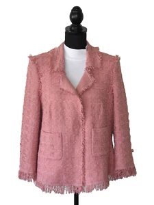C0 Auth ESCADA Pink Cotton/Wool Blend Tweed Pattern Fringe Trim Blazer Size 42 - Picture 1 of 9