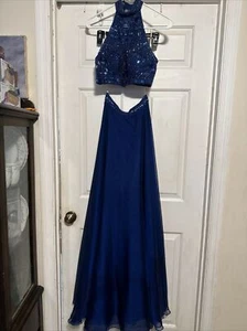 Sexy Sherri Hill due pezzi top e gonna lunga Bling blu navy taglia 0 - Foto 1 di 10