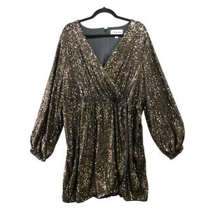 The Drop Helena Sequin Wrap Dress Womens 2X Gold Black Long Sleeve Mini V-Neck - Picture 1 of 13