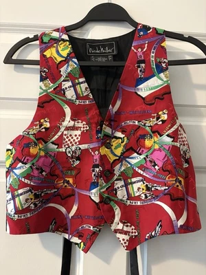 Chaleco Nicole Miller Rojo Tema Carrera 100% Seda Bicicleta Carrera Patrón 1993 Talla L Foto 1 de 4