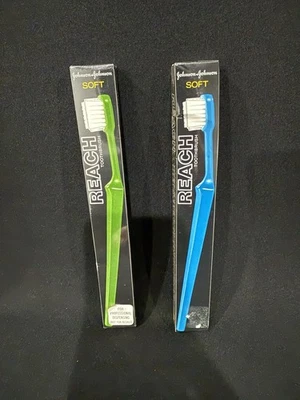 Cepillo de dientes vintage Johnson & Johnson REACH suave sellado lote de 2 verdes y azules - Imagen 1 de 4