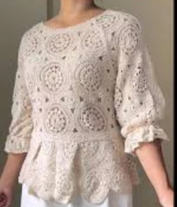 Solitaire Häkeltop Damen groß creme Spitze Halb Ballonärmel Boho Neu mit Etikett - Bild 1 von 9