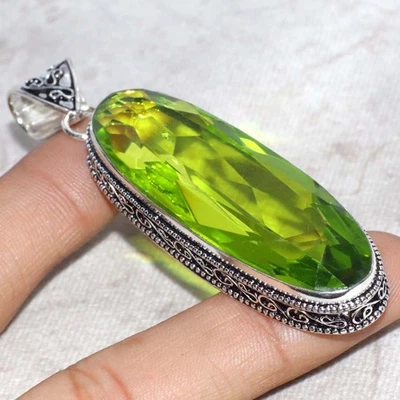 Faceted Peridot 925 Silver Plated Vintage Pendant 3" Women Jewelry GW - Image 1 of 3