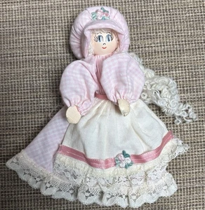 Wooden clothes pin doll w/ painted face white hair Pink checkered dress w/ lace - Picture 1 of 7