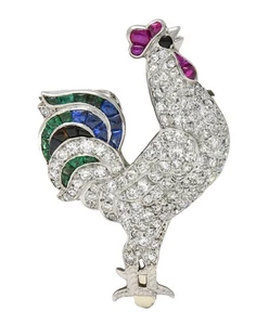 French Art Deco 4.15 CTW Diamond Multi-Gem Onyx Platinum Vintage Rooster Brooch - Picture 1 of 10