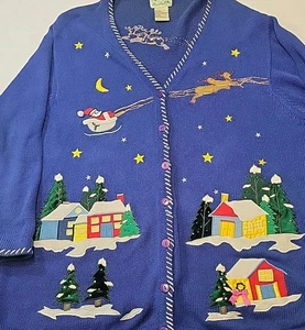 Vtg Quacker Factory  Christmas Eve Embroidered Santa Cardigan Sweater 2X  Blue  - Picture 1 of 21